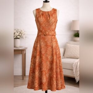 London Times Belted Midi Dress Rust Gold Floral Jacquard Sleeveless
